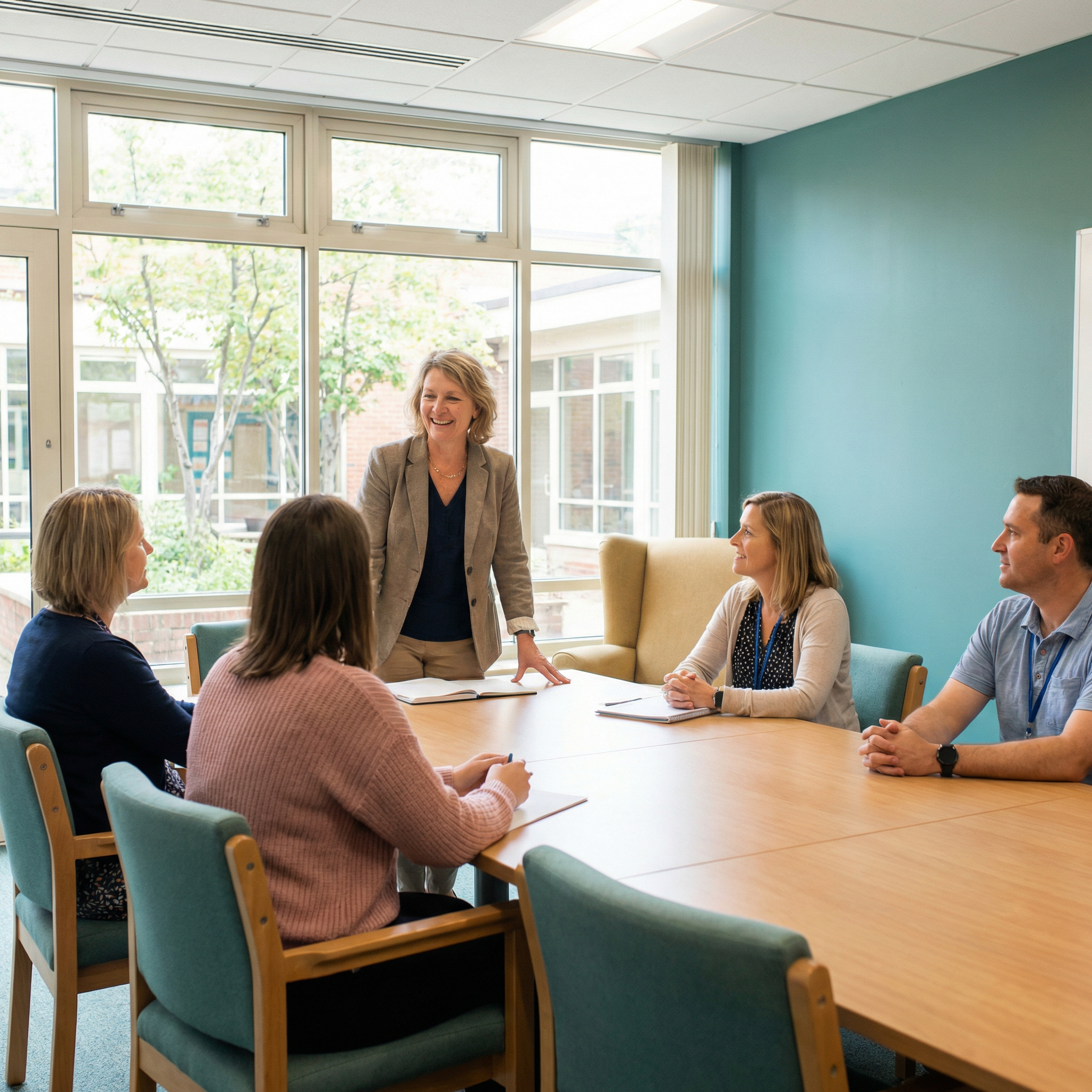 freepik confident teacher standing in front of colleagues in a bright school meeting room natural posture no external coach or trainer present warm teal tones in background 0001